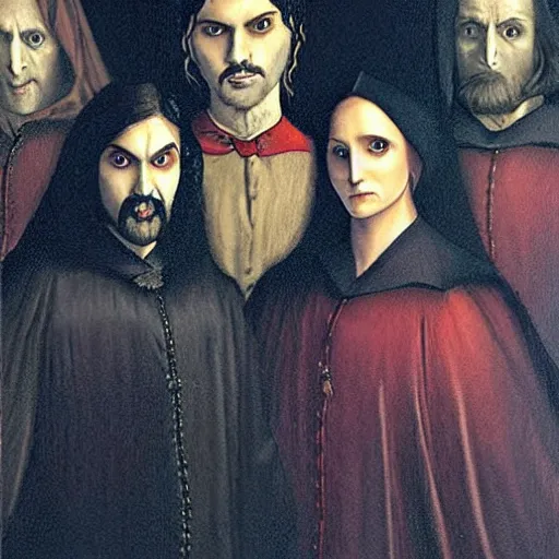 Prompt: the vampires from the show What we do in the shadows oil painting by Leonard Da Vinci ,, ultrarealistic