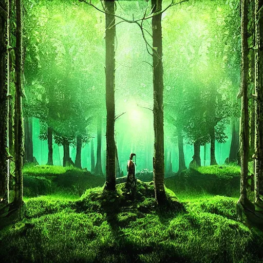 Image similar to “Dark subversive green lush forest with a magical portal at its core, photorealistic Breath of The Wild, Craig Mullinsa, 8k, ultra hd, night with a light from the window, against a matrix background, all black room and setting, glitch art, trending on artstation, high detail, 8K, CGsociety, hypermaximalist, octane render, cinematic lighting, post apocalyptic, data, code, mutek, nervous system, parametric, octane render, sci fi, glitch”