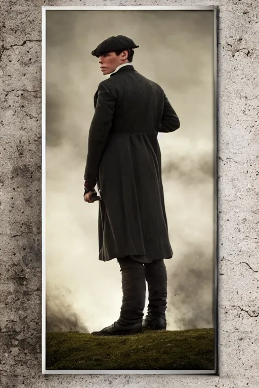 Prompt: Cillian Murphy in Peaky Blinders standing with his back to the fire, portrait