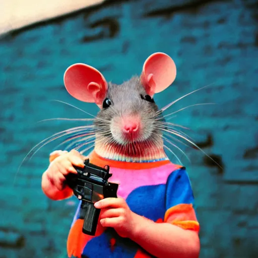 Image similar to 35mm photo of a rat holding a gun, bright and fun colors