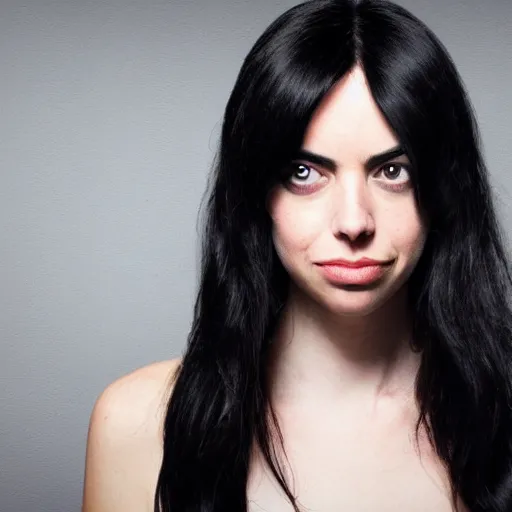 Image similar to a girl with long black hair and a side part, her face is a mix between aubrey plaza, krysten ritter and lucy hale