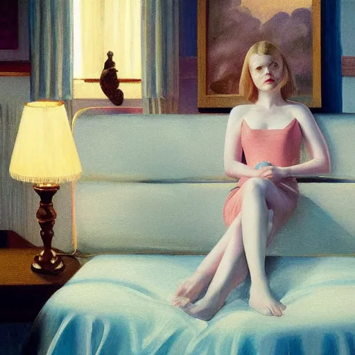 Prompt: Elle Fanning in the world of Edward Hopper, stormy weather, extremely detailed masterpiece, oil on canvas, low-key neon lighting, artstation, Blade Runner 2049, Roger Deakin’s cinematography, by J. C. Leyendecker and Peter Paul Rubens,