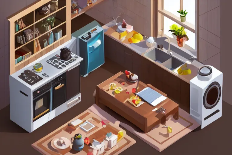 Prompt: cute kitchen, refrigerator, sink, isometric art, bright, artstation, highly detailed