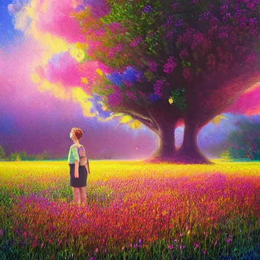 Image similar to girl made from surreal flowers, standing in flower field, surreal photography, big trees, sunrise dramatic light, impressionist painting, colorful clouds, digital painting, pointillism, artstation, simon stalenhag