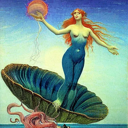 Image similar to The collage depicts the moment when the goddess Venus is born from the sea. She is shown standing on a giant clam shell, with her long, flowing hair blowing in the wind. The collage is full of light and color, and Venus looks like she is about to step into a beautiful, bright future. dada, cosmic horror by Caspar David Friedrich, by Alice Rahon magnificent