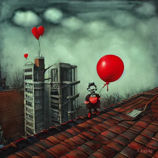 Prompt: grunge painting of a rooftop with a wide smile and a red balloon by chris leib, loony toons style, pennywise style, corpse bride style, horror theme, detailed, elegant, intricate, conceptual, volumetric light