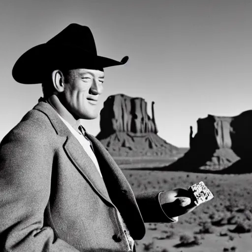 Image similar to a cinematic 5 0 s portrait photography of john wayne eating chocolate chunk space cookies, cowboy, monument valley landscape, farwest,