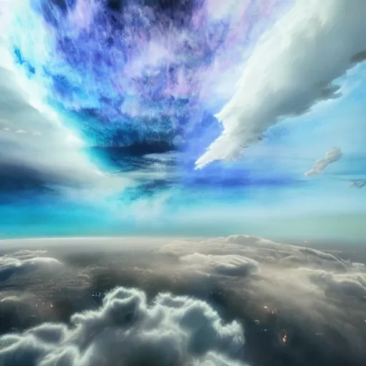 Image similar to promotional movie still, view of alien gas clouds, extreme fluffy clouds, colors, 3 d, digital art, panorama, wide - angle view, skyscape, octane 3 d render, ue 5, realism, cinematic, imax 7 0 mm.