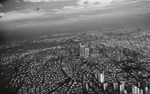 Prompt: A Filipino teenager flying above Metro Manila, wide shot, 35mm film, ethereal, by Iwai Shunji