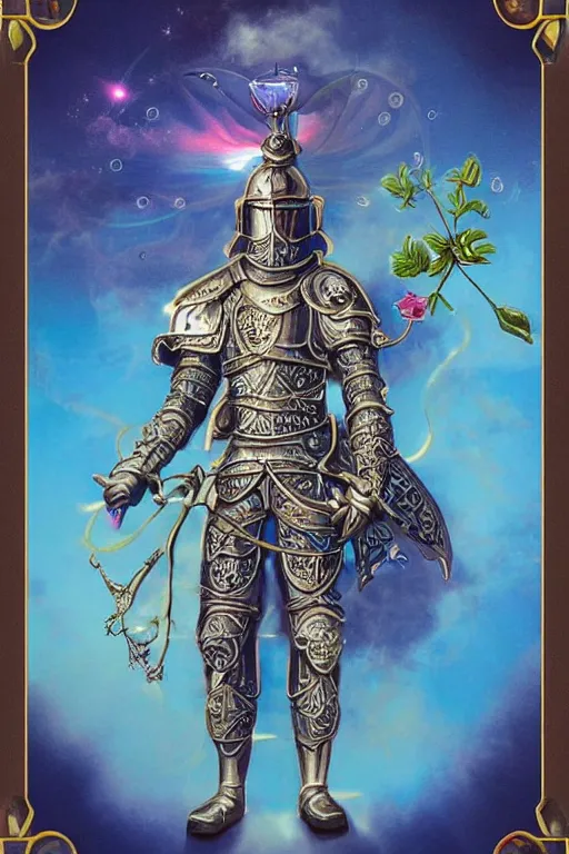Image similar to opalescent retrofuturistic digital airbrush illustration of a knight wearing an ornate chrome headpiece and holding a flower with a landscape and sky in the background by luigi patrignani