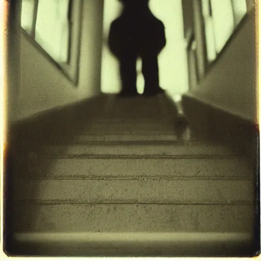Image similar to a manaquien at the top of a dark stairwell, shadowy, abandoned, old polaroid, blurry photo, expired film,
