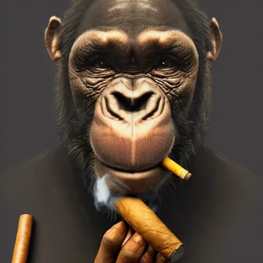 Image similar to a high detail photo of an antropomorphic chimp wearing a suit smoking a cigarrette, subject= chimp, subject detail: wearing a suit, subject action: smoking a cigar, photorealism, dramatic lighting, award winning photograph, trending on artstation