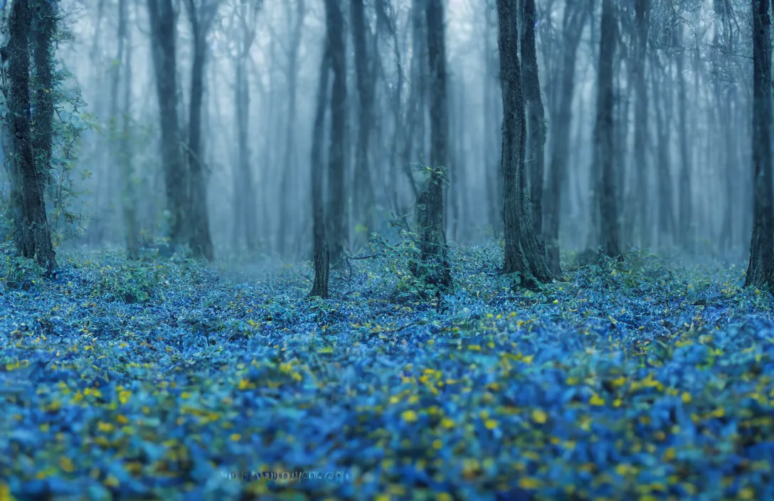 Image similar to blue forest, glowing mushrooms, sigma lens, strong bokeh, photography, highly detailed, 8 5 mm, f / 1. 3, fog, dusk