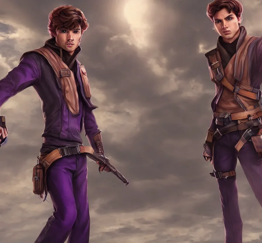 Image similar to solo young male mage + brown hair + purple futuristic clothes, instagram, unreal engine 5, wallpaper, 8 k, ultra detailed, realistic photo, artstation