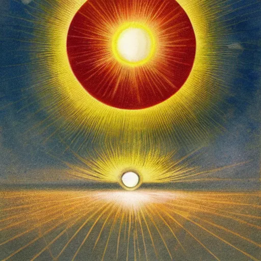 Image similar to A beautiful collage of the sun. The sun is depicted as a large ball in the center of the piece, with rays of light emanating out from it in all directions. by Kate Greenaway