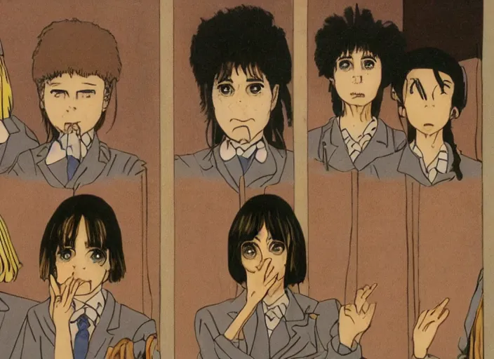 Prompt: screenshot from 8 0's horror guro anime, yellowed grainy noisy vhs footage, few schoolgirls trapped in a bathroom, stalls and sinks and tiled floor, sad scared girls are in beige sailor school uniforms, sitting on the floor, yelling at one another, detailed expressive faces, various hair colors and styles, expressive beautiful eyes in the style of ghibli,