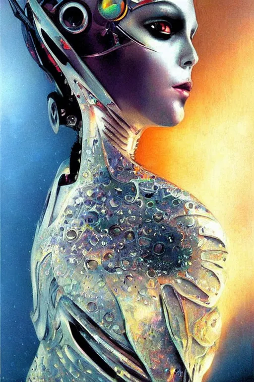 Image similar to portrait of raven, perfect future, iridescent color palette, art by karol bak, 1 9 7 0 s retro future robot android. muted colors