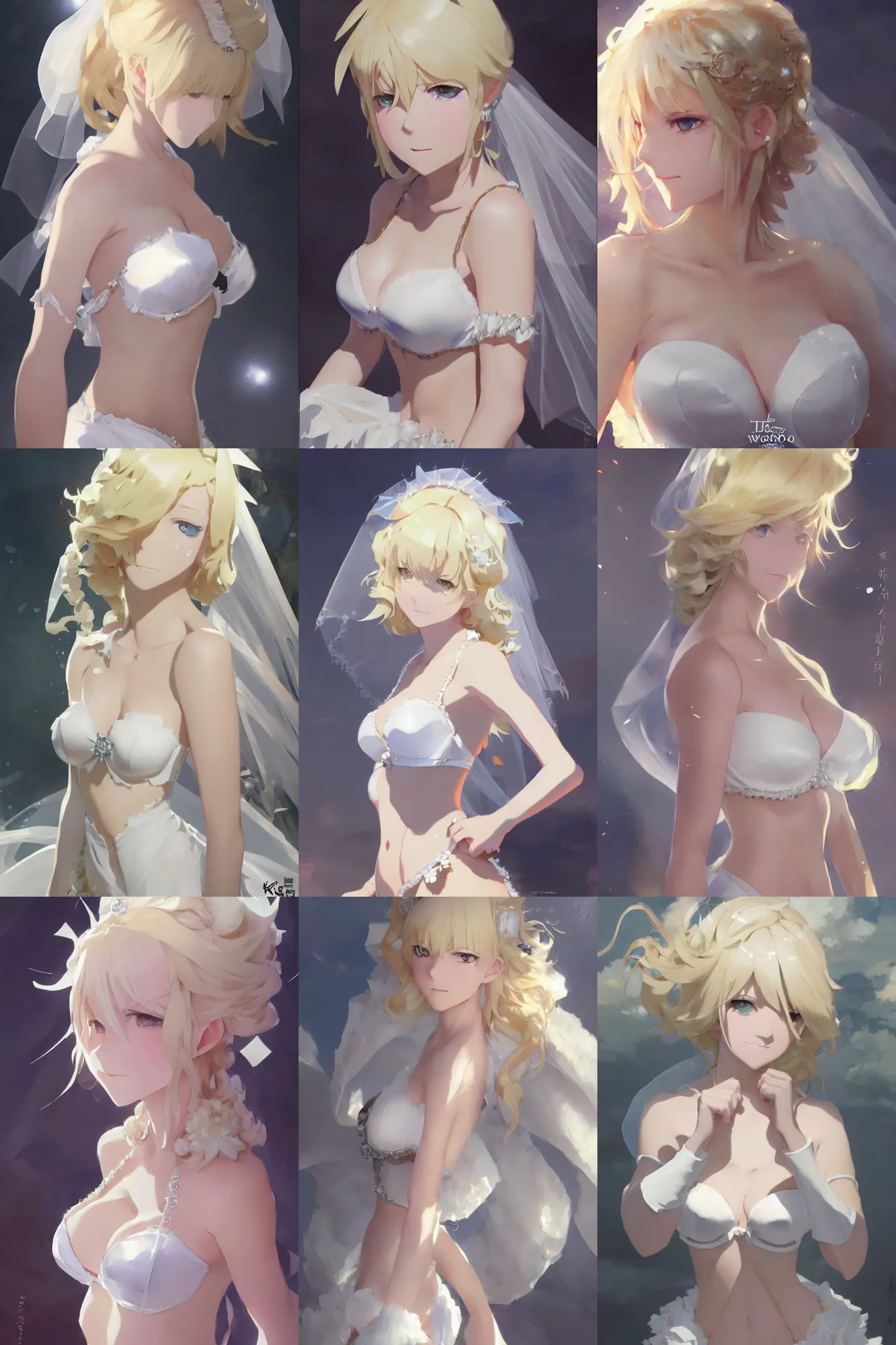 Prompt: Worksafe. Cinematic, epic. Close-up blonde princess wearing white bridal bra with many frills and diamonds, by krenz cushart, makoto shinkai and pixiv. Accurately shaped. A very clean image. High contrast and gentle colors.