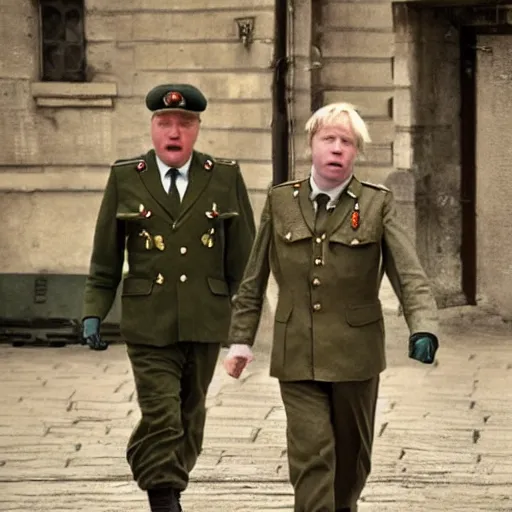 Image similar to movie scene boris johnson in ussr soldiers uniform, photorealistic, highly detailed 8 k
