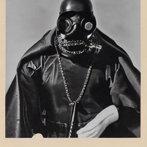 Prompt: a man wearing a classic diving suit mask, world war ii military style, metal chain and black cape, real old photos h 7 6 8 - 5
