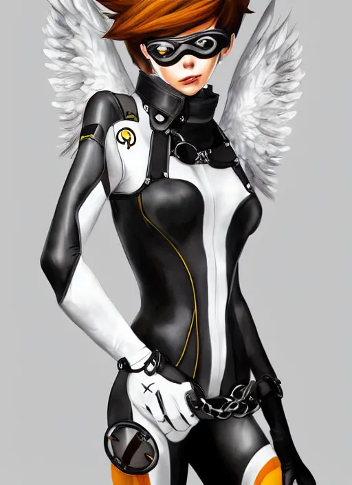 Prompt: portrait digital artwork of tracer overwatch, wearing white latex and leather straps catsuit outfit, in style of mark arian, angel wings, dramatic painting, wearing detailed leather collar, chains, black harness, detailed face and eyes,