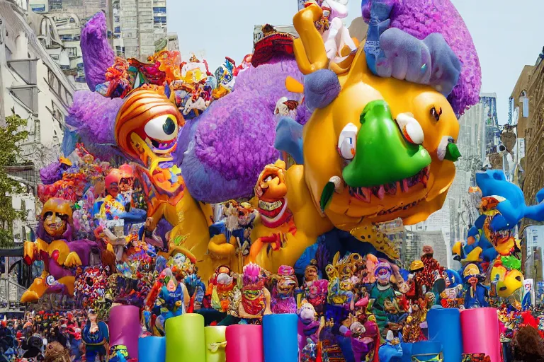 Image similar to photo of giant elaborate parade float characters designed by geoff darrow!!!! and ( ( ( ( ( ( lisa frank ) ) ) ) ) ), in the macys parade, detailed 4 k photo