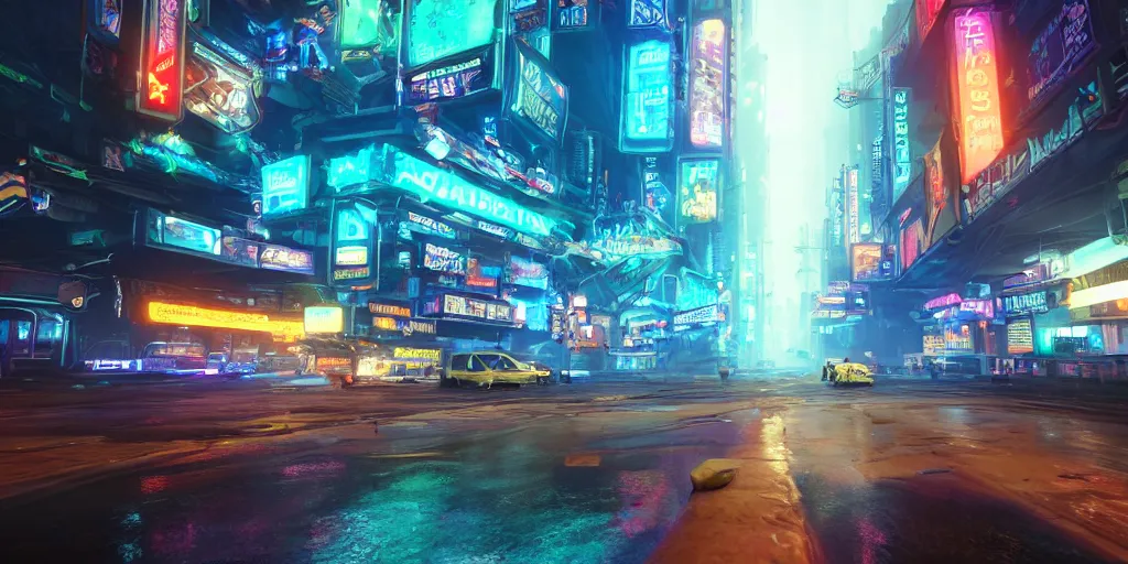 Image similar to a 3 d rendered in unreal engine hyrule land cyberpunk city with neon ads and signs with evocative dramatic mood with blade runner vibe with cars with motion blur with depth of field with bloom with lightshaft with volumetric lights, fog, by scott robertson, oscar winning graphics, photo realistic, bloom, imax, dynamic lighting, artstation,