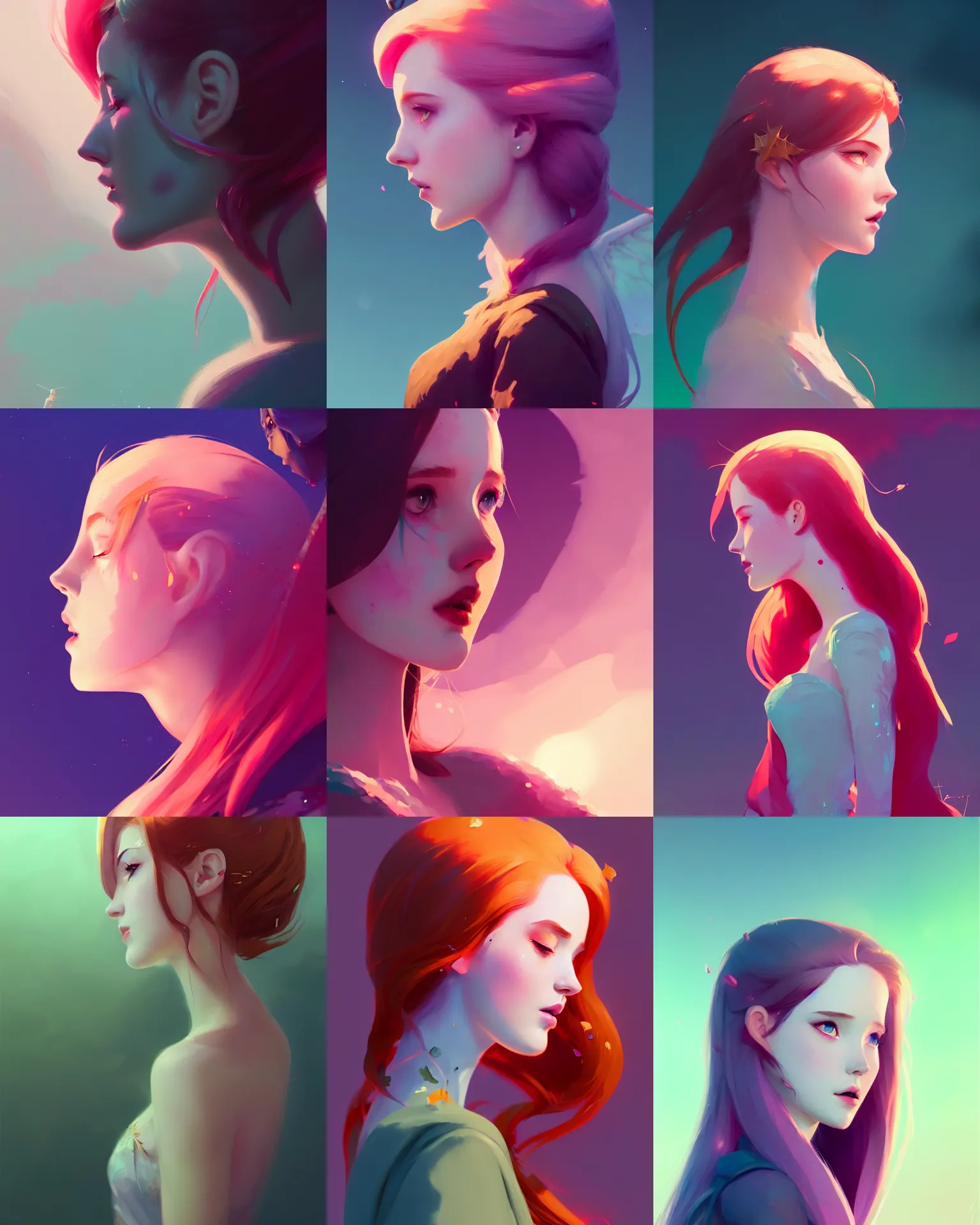 Prompt: side - profile painted portrait, ellie bamber fairy, backlit, smooth, gaudy colors, octane render aesthetic, overlord, dota matte painting concept art, official fanart behance artstation by atey ghailan, greg tocchini, james gilleard, joe fenton, kaethe butcher