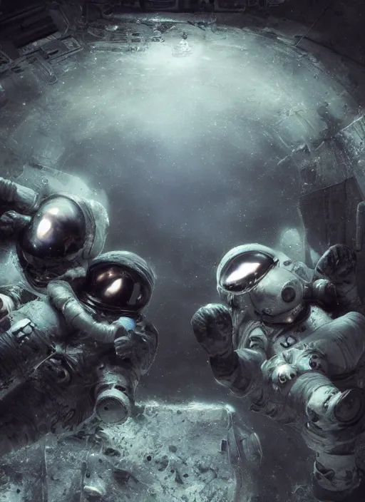 Image similar to concept art by craig mullins infrared complex and hyperdetailed astronauts hugging in futuristic dark and empty spaceship underwater. reflection and dispersion materials. rays and dispersion of light. volumetric light. 5 0 mm, f / 3 2. noise film photo. flash photography. unreal engine 4, octane render. interstellar movie art