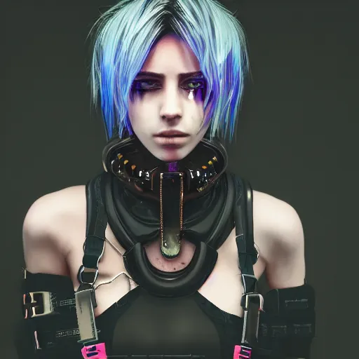 Image similar to detailed realistic cyberpunk female character cyberpunk wearing large steel collar around neck, realistic, art, beautiful, 4K, collar, choker, collar around neck, punk, artstation, detailed, female, woman, choker, cyberpunk, neon, punk, collar, choker, collar around neck, thick collar, choker around neck, wearing choker, wearing collar, bright neon punk hair, collar, choker,