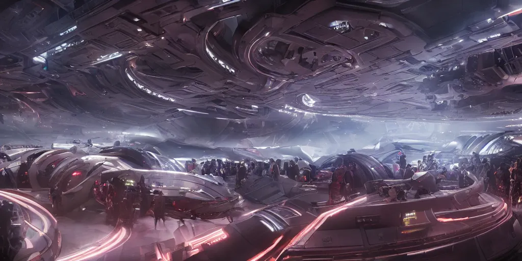 Image similar to cinematic movie scene, 200mm wide shot, precise architectural rendering, beautiful Product shot film still of a futuristic detailed pig themed battle-armored space ship with bright headlights in a busy futuristic spaceport filled with people, motion, hard surface modeling, volumetric soft lighting, style of Stanley Kubrick cinematography, 8k H 768