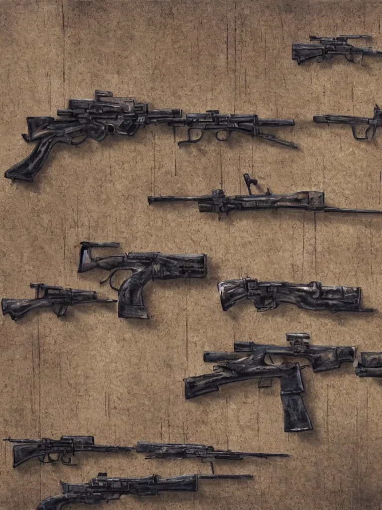 Image similar to oil painting of guns on a wall, ultra-realistic, intricate details, 4k