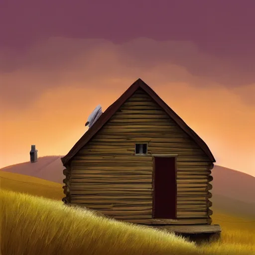 Prompt: a cabin on a hilltop, by alex andreev, landscape, high contrast, digital