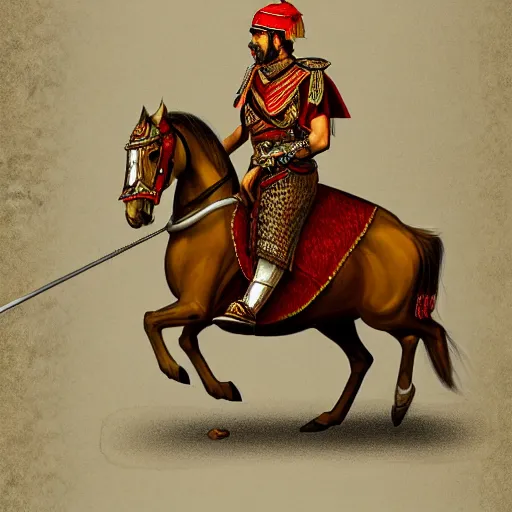 Image similar to persian cataphract on horseback with a spear, trending on artstation