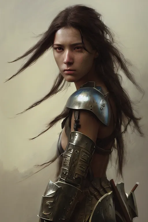 Image similar to a photorealistic painting of an attractive young girl, partially clothed in battle armor, olive skin, long dark hair, beautiful bone structure, symmetrical face, perfect eyes, intricate, elegant, digital painting, concept art, illustration, sharp focus, minimal artifacts, from Metal Gear, in the style of Ruan Jia and Mandy Jurgens, by Greg Rutkowski, trending on Artstation, award winning