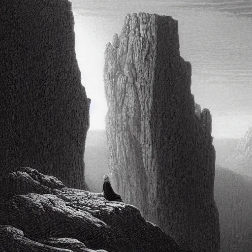 Image similar to A lonely woman looks down from a huge cliff, mountains, gorgeous view, velly distant forest, distant city, distant glow, night, sunset, dramatic light, Chiaroscuro, long shadows, dark, masterpiece, high detail, detailed, illustration by Paul Gustave Doré