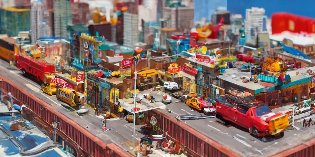 Prompt: a model of manhatten constructed out of fast food, diner food, pastries, miniature photography, diorama, wide - angle macro lens, art, award - winning, beautiful high resolution