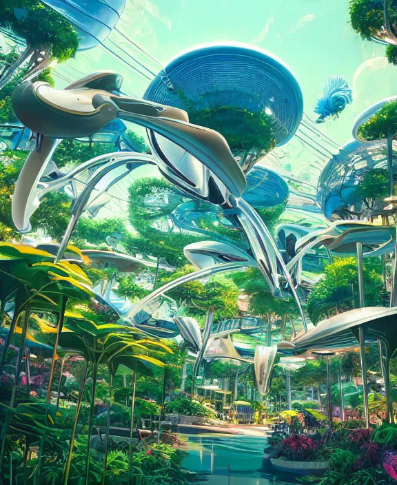 Prompt: simplicity, an amusement park made out of sleek asymmetrical organic creatures, in the style of an aerodynamic spaceship, overgrown with orchids, partly cloudy, sun - drenched, dramatic lighting, by dan mumford, yusuke murata, makoto shinkai, ross tran, cinematic, unreal engine, cel shaded, featured on artstation, pixiv