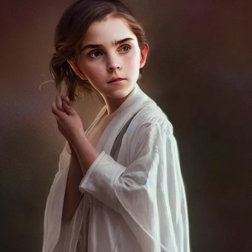 Prompt: perfectly - centered - portrait of a kid looking like young emma watson wearing white cloak holding light saber, intricate, highly detailed, digital painting, artstation, concept art, smooth, sharp focus, illustration, unreal engine 5, 8 k, art by artgerm and greg rutkowski and alphonse mucha