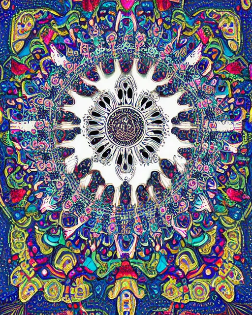 Prompt: fractal mandala very funny joy emoji trip ghost color an ancient white bone and gemstone relic, intricate engraving matt groening art style