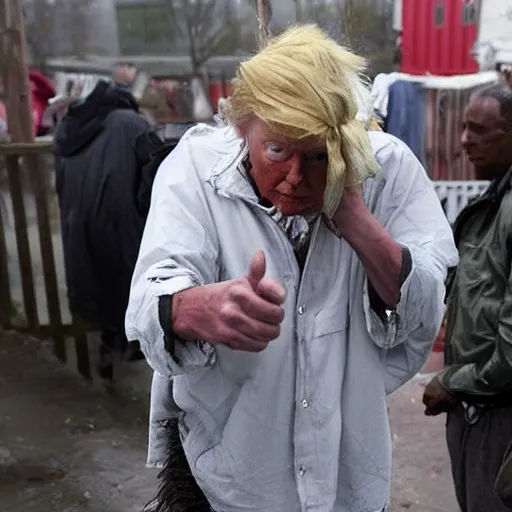 Image similar to donald trump dressed as a homeless man living in the slums