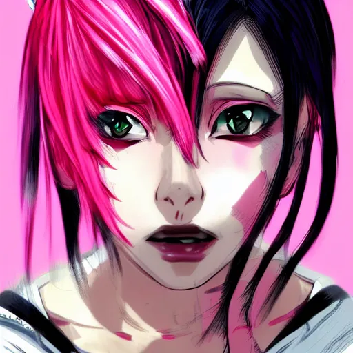 Image similar to full headshot portrait of anime woman with pink mohawk punk, digital art, drawn by WLOP, by Avetetsuya Studios, anime manga panel, trending on artstation, wearing a plaid shirt