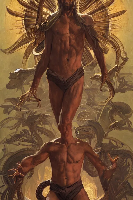 Prompt: fullbody!! dynamic action pose, jesus christ portrayed as a lizard reptile man, lizard head, holy cross, religious, intricate, elegant, highly detailed, digital painting, artstation, concept art, smooth, sharp focus, illustration, art by artgerm and greg rutkowski and alphonse mucha