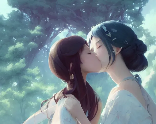 Image similar to two beautiful girls kissing, sharp details, sharp focus, elegant, highly detailed, illustration, by jordan grimmer and greg rutkowski and pine ( ハイネ ) and 薯 子 imoko and 香 川 悠 作 and wlop and maya takamura, intricate, beautiful, trending artstation, pixiv, digital art