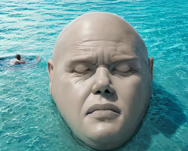 Prompt: a giant sculpture made out of of inflatable pool toys in a human head shape, on the surface of the ocean, in the style of chad knight, long shot, hyper detailed, hyper realistic, ray tracing, 8 k resolution, sharp focus, realistic water, award winning sculpture