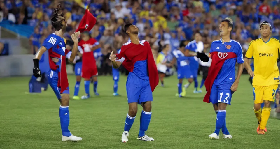 Image similar to television broadcast of professional soccer game, players wearing capes, tv