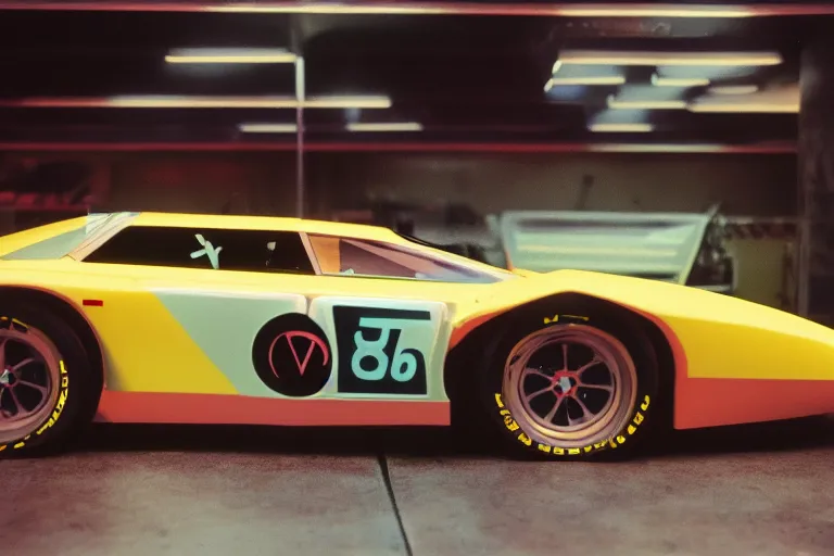 Image similar to designed by Giorgetto Giugiaro stylized poser of a race car, thick neon lights, ektachrome photograph, volumetric lighting, f8 aperture, cinematic Eastman 5384 film