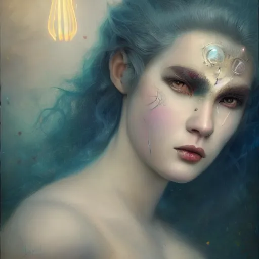 Prompt: by tom bagshaw, ultra realist vivid soft painting of a carnival of curiosities, single curvy flirt etheral young steampunk female in a full ornated armor gears, photorealistic facial traits, 3 d octane render eyes, cables, led, flying machinery, partial symmetry accurate features, very intricate details, focus, award winning, ultra dense fog