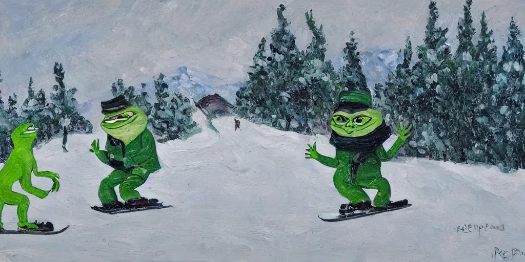 Image similar to pepe the frog snowboarding in terrain park, gloomy landscape, expressive oil painting by christopher radlund and camille pissaro