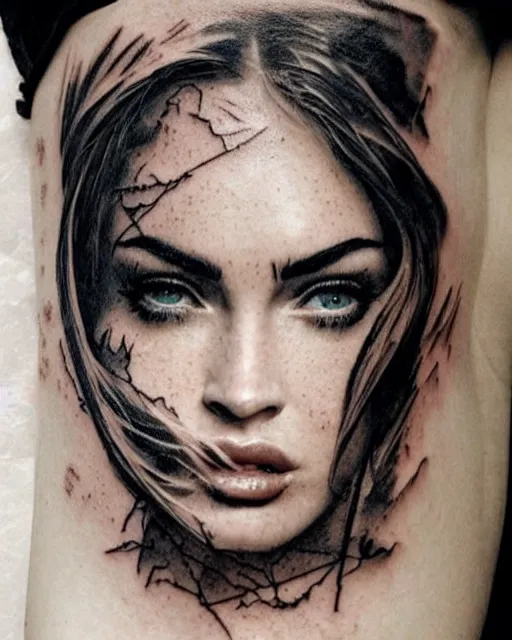Prompt: megan fox face faded in realistic majestic mountains, double exposure effect, medium sized tattoo sketch, amazing detail, trending on pinterest, in the style of brandon kidwell